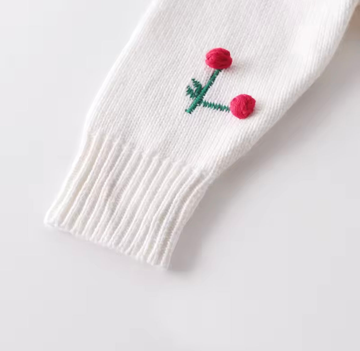 Baby Girl Knit Bodysuit – White with Cherry Embroidery (3–6M)