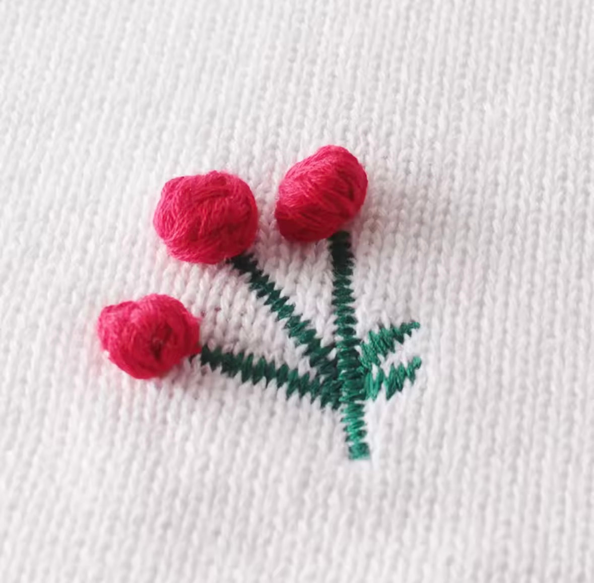 Baby Girl Knit Bodysuit – White with Cherry Embroidery (3–6M)