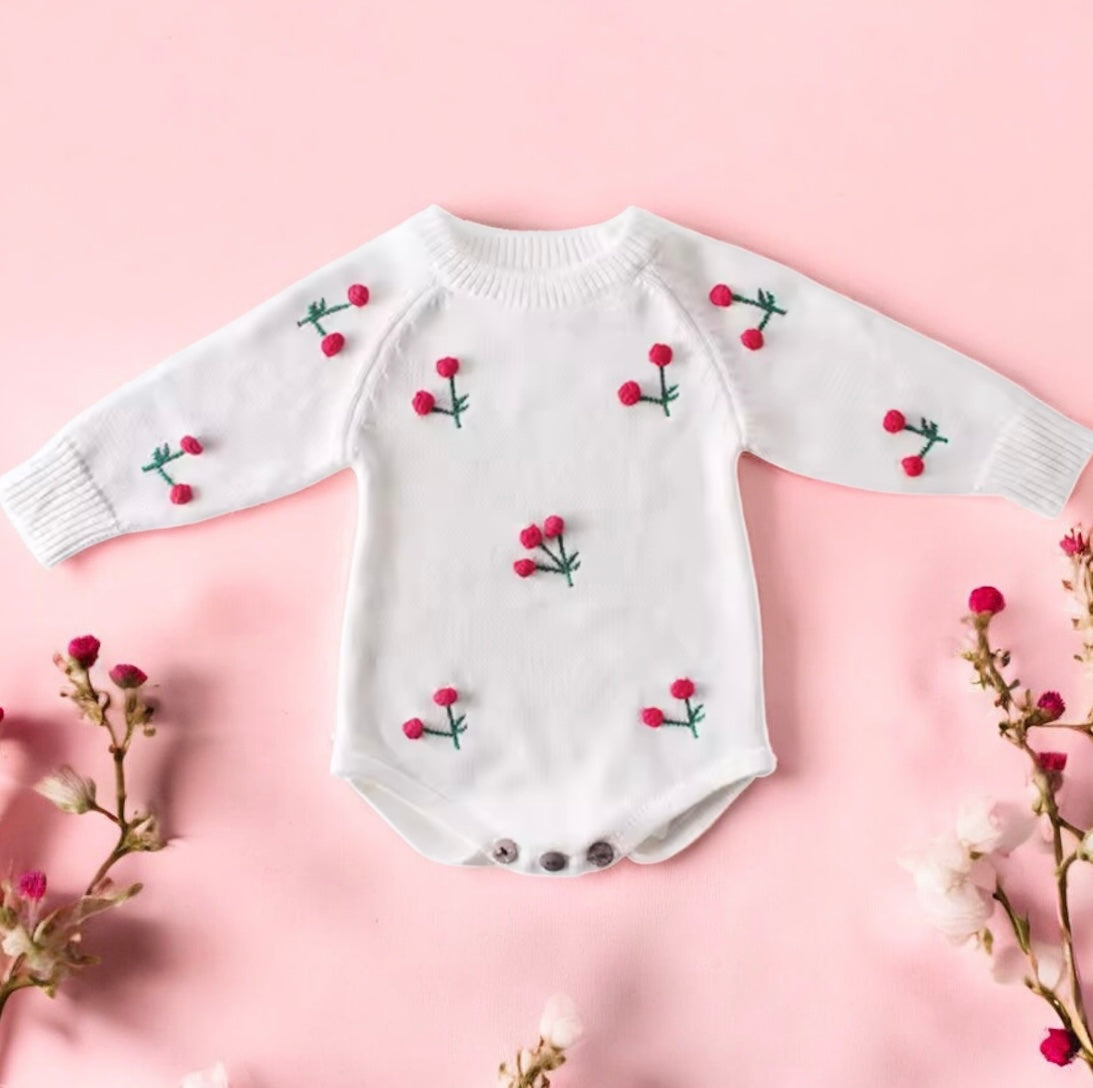 Baby Girl Knit Bodysuit – White with Cherry Embroidery (3–6M)