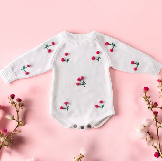Baby Girl Knit Bodysuit – White with Cherry Embroidery (3–6M)