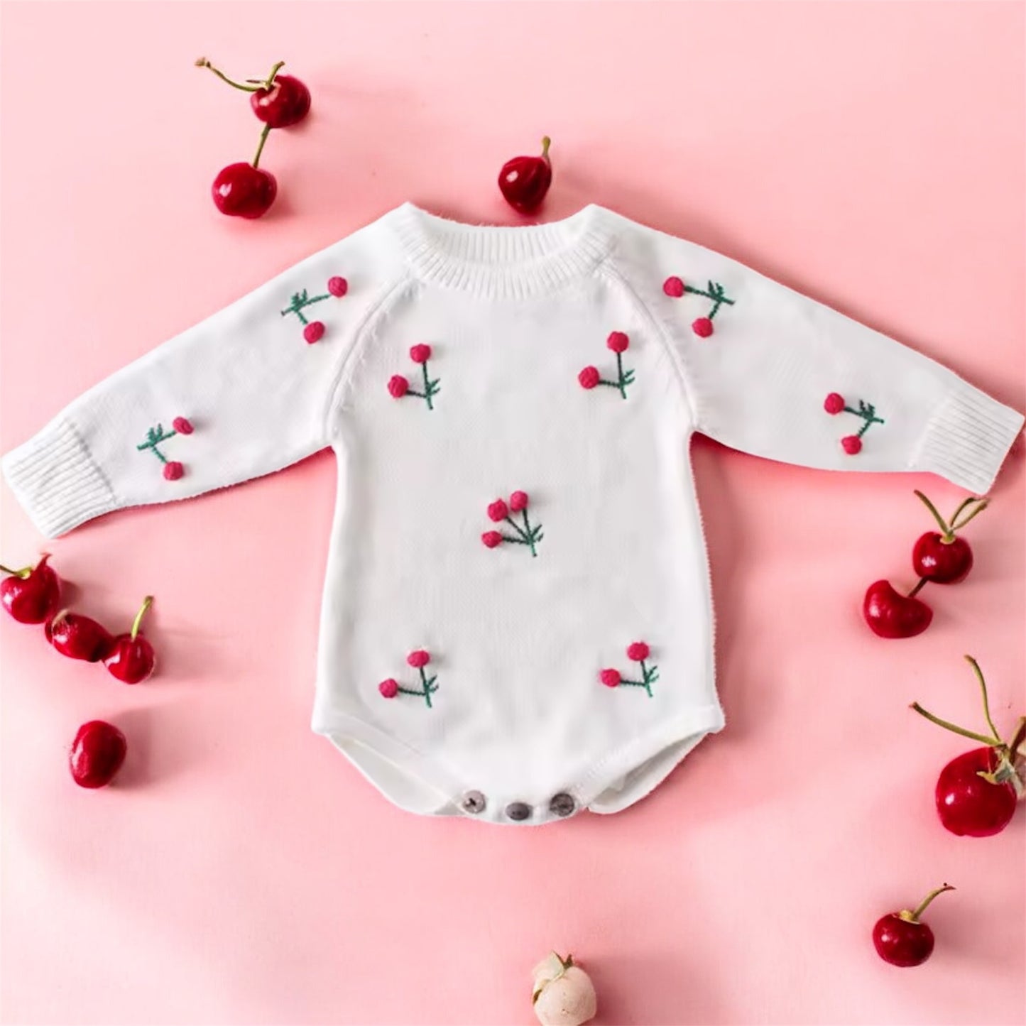 Baby Girl Knit Bodysuit – White with Cherry Embroidery (3–6M)
