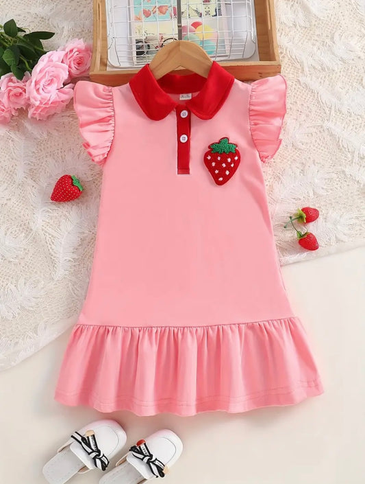 Pink Strawberry Polo Ruffle Dress – 1–2Y