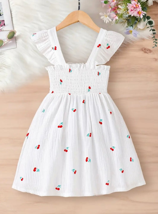 White Cherry Embroidered Ruffle Dress – 4Y