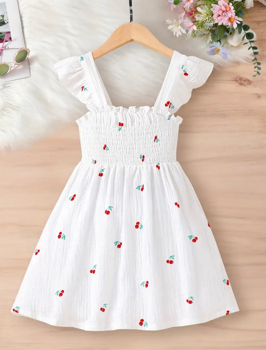 White Cherry Embroidered Ruffle Dress – 4Y