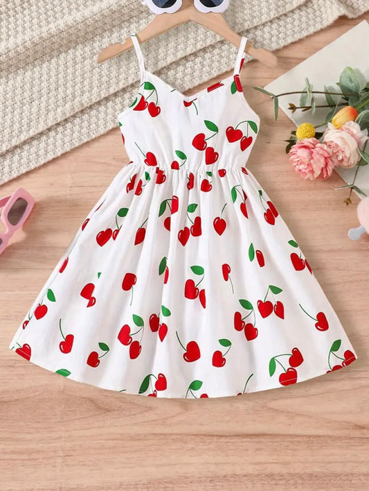 Girls Cherry Print Sundress – Summer Sleeveless Dress (Size 4Y)