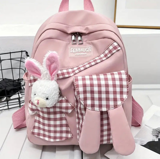 Kawaii Pink Bunny Backpack – Cute Gingham School Bag with Plush Toy