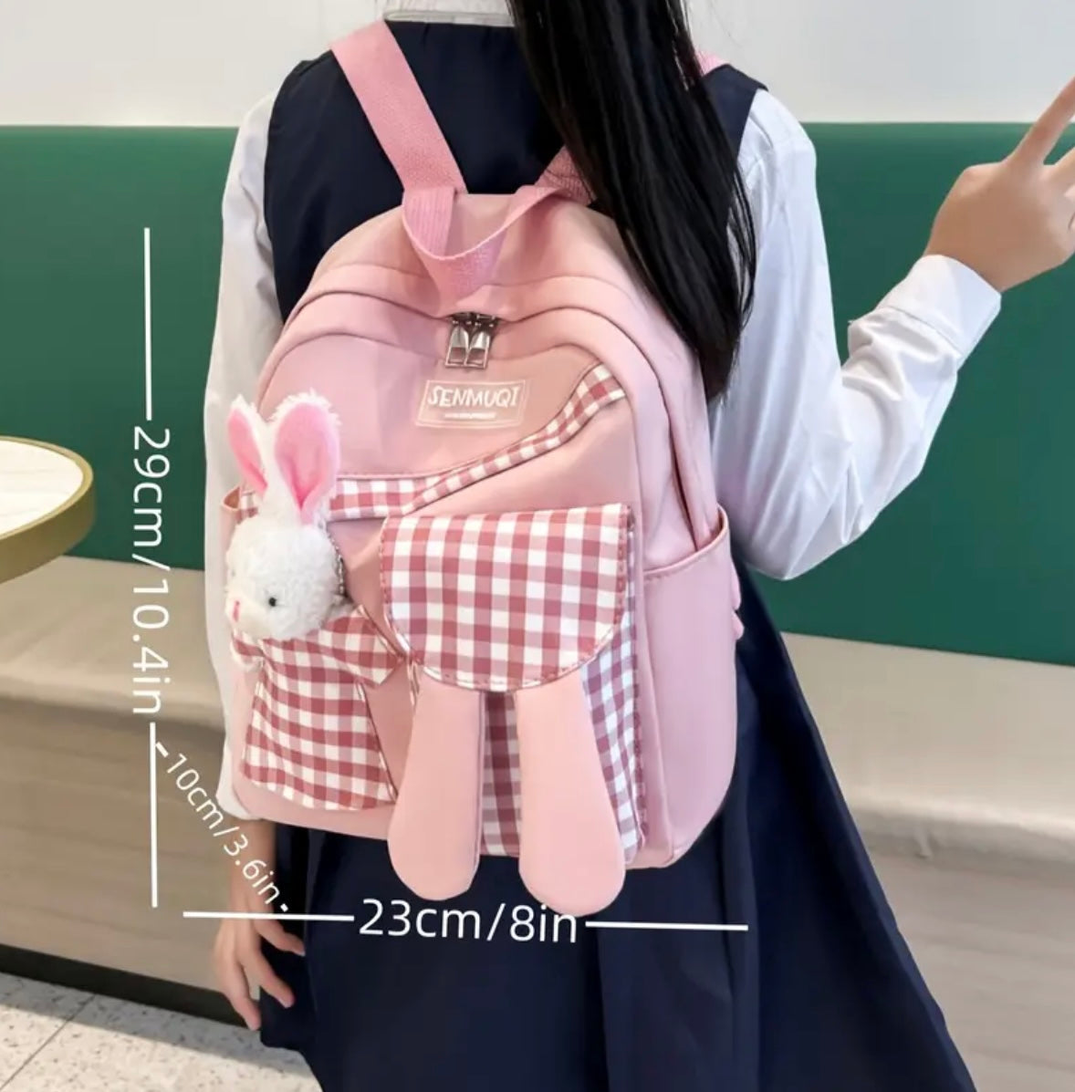 Kawaii Pink Bunny Backpack – Cute Gingham School Bag with Plush Toy