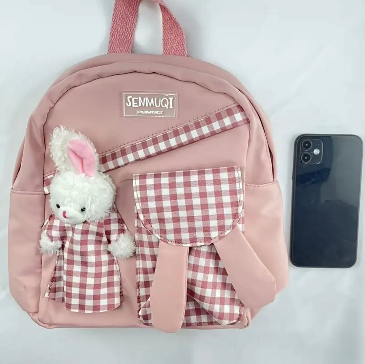 Kawaii Pink Bunny Backpack – Cute Gingham School Bag with Plush Toy