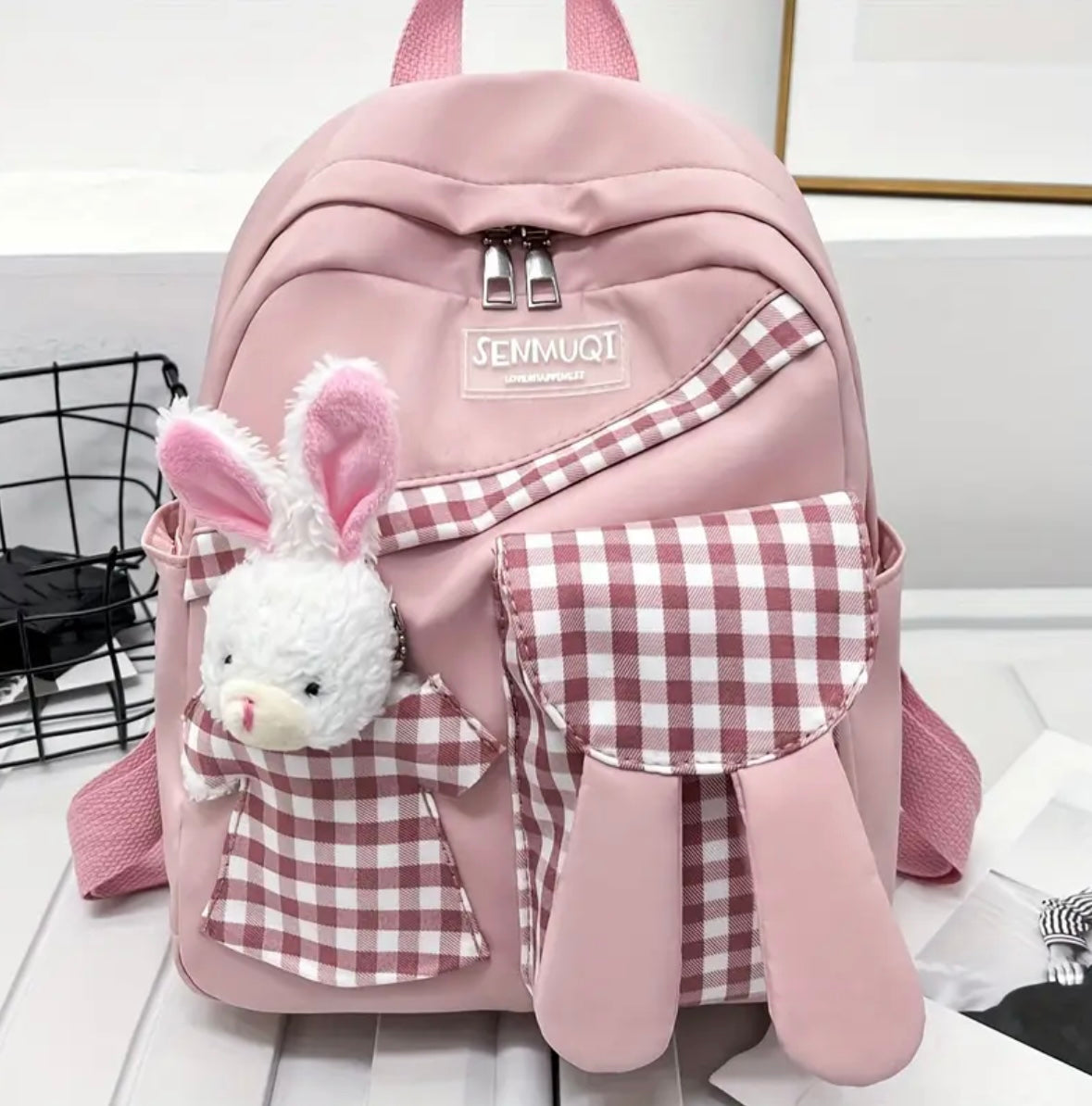 Kawaii Pink Bunny Backpack – Cute Gingham School Bag with Plush Toy