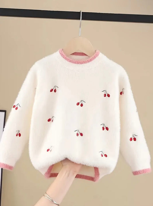 Girls Fluffy Cherry Knit Sweater – Cozy Mink-Like Pullover (Size 3-4Y)