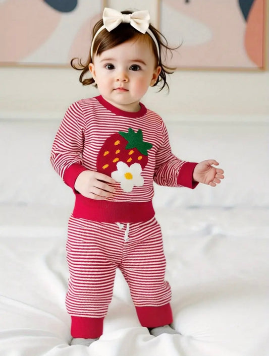 Baby Strawberry Knit Outfit – 2 Piece Sweater & Pants Set (6–12M)