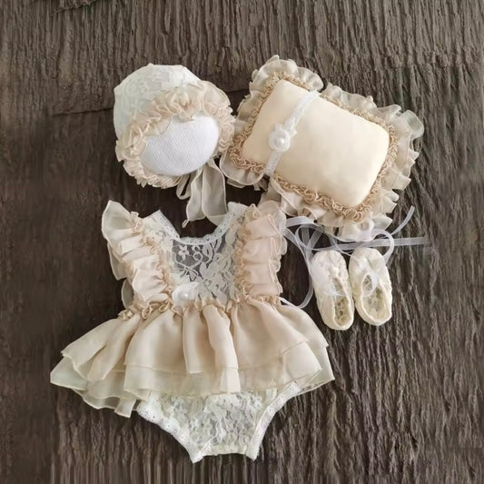 Newborn Baby Girl Photography Outfit Set – Lace Romper, Bonnet, Pillow, Headband & Booties (0–3M)