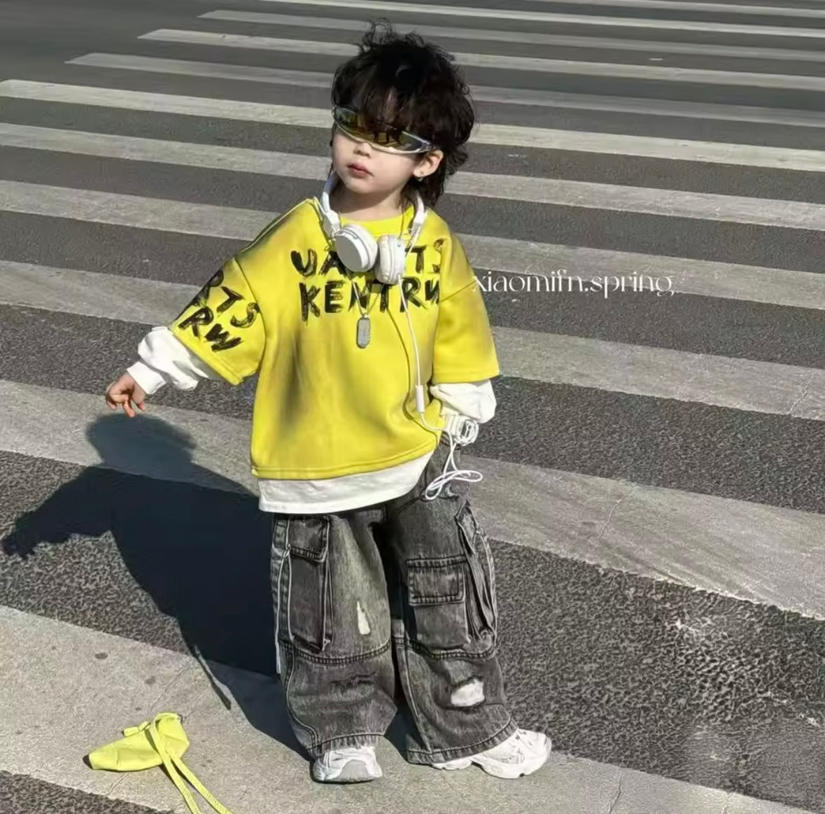 Boys Streetwear 2-Piece Set – Size 3T | Premium Yellow Top & Cargo Jeans Outfit