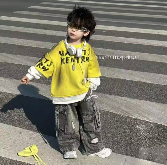 Boys Streetwear 2-Piece Set – Size 3T | Premium Yellow Top & Cargo Jeans Outfit