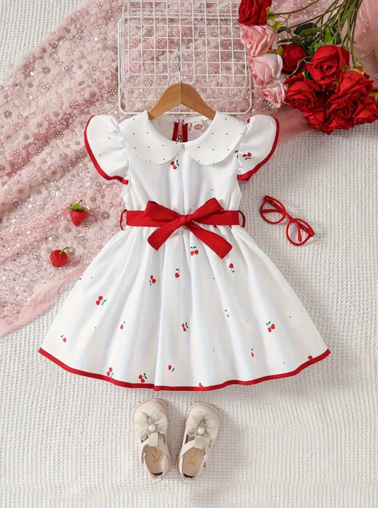 Cherry Blossom Toddler Dress – 18-24 Months | White & Red Vintage Style with Bow