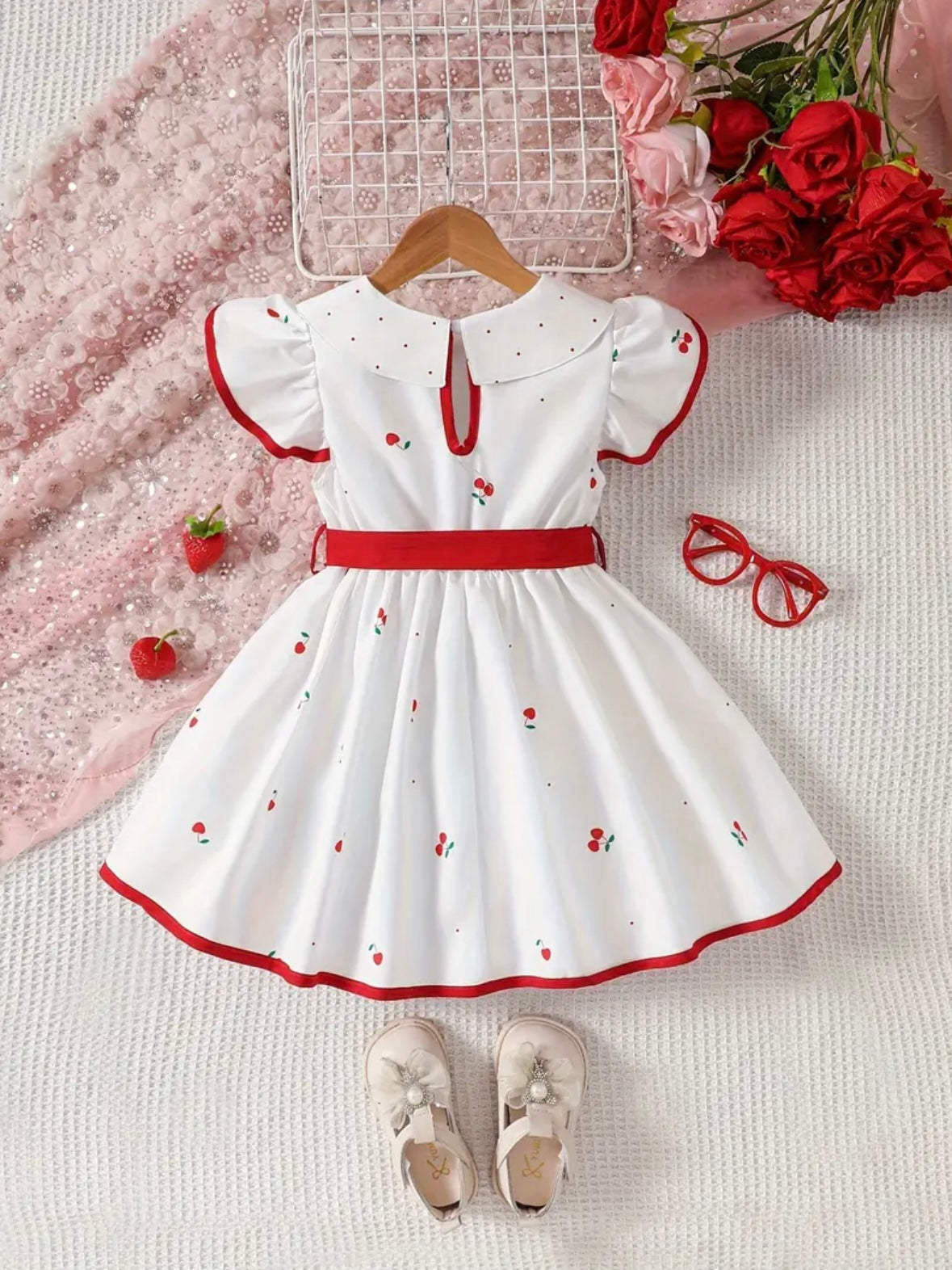 Cherry Blossom Toddler Dress – 18-24 Months | White & Red Vintage Style with Bow