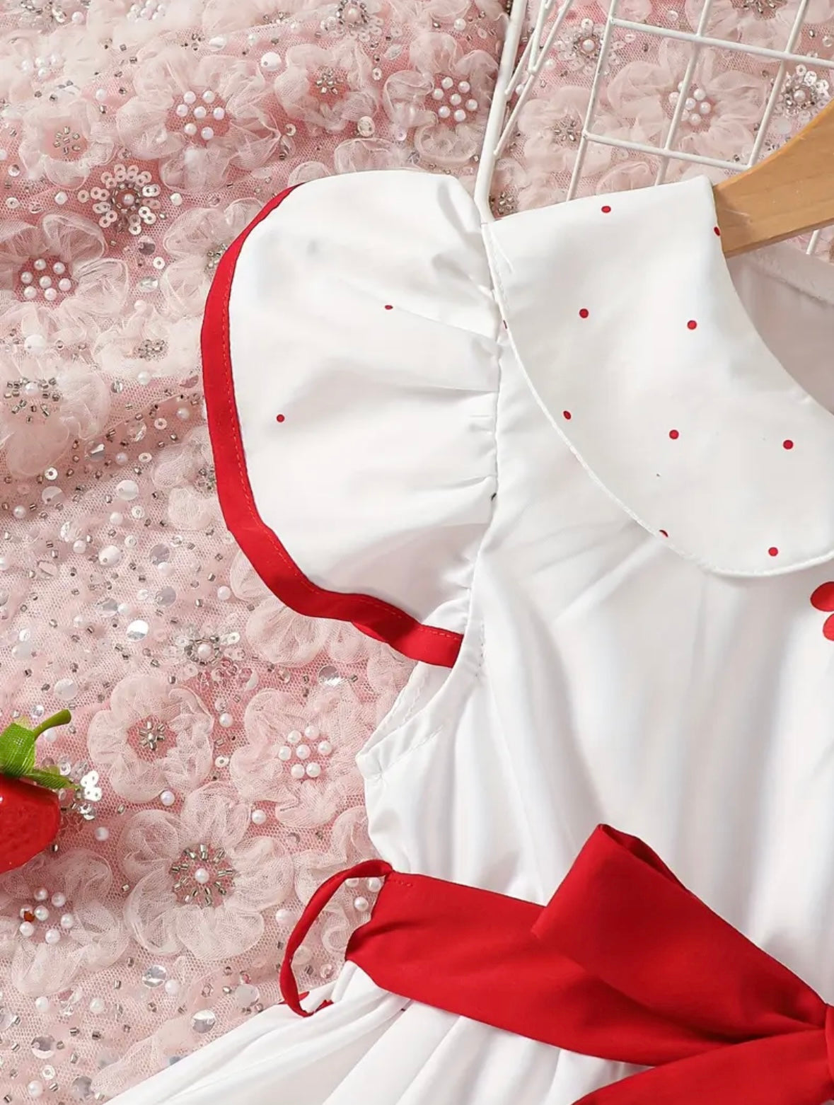 Cherry Blossom Toddler Dress – 18-24 Months | White & Red Vintage Style with Bow