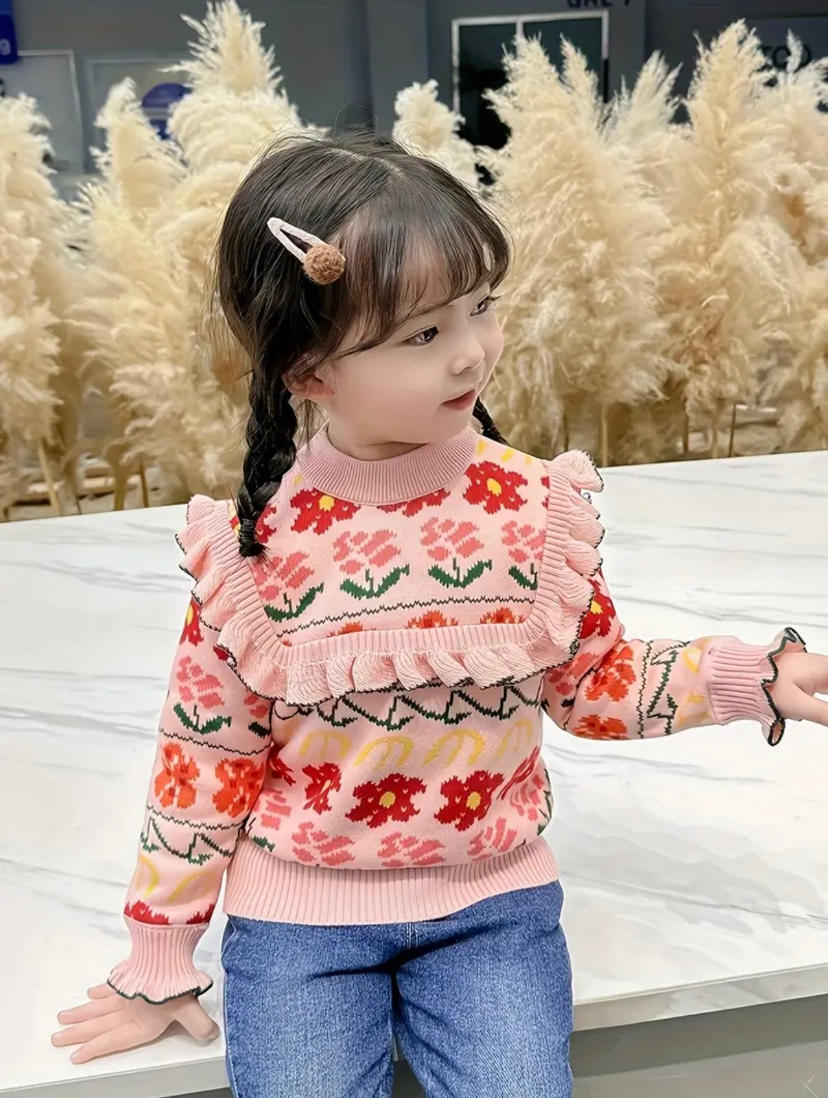 Girls Premium Knit Floral Sweater | Sizes Available:  18-24M, 2T-3T,and 3T–4T