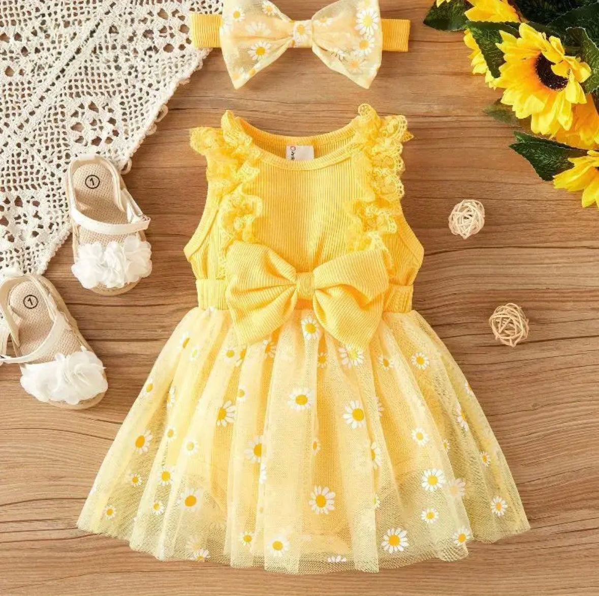 Sunny Daisy Baby Girl Dress – Yellow Outfit with Bow & Matching Headband. Size 9-12M