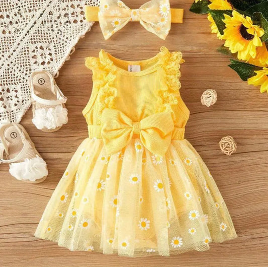 Sunny Daisy Baby Girl Dress – Yellow Outfit with Bow & Matching Headband. Size 9-12M
