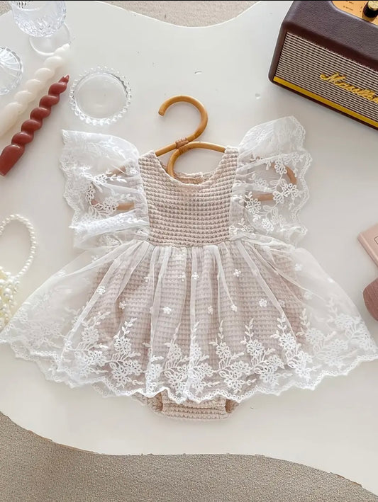 Angel Wings Lace Baby Romper Dress – Size 66 (3-6Months) | Premium Crochet & Tulle