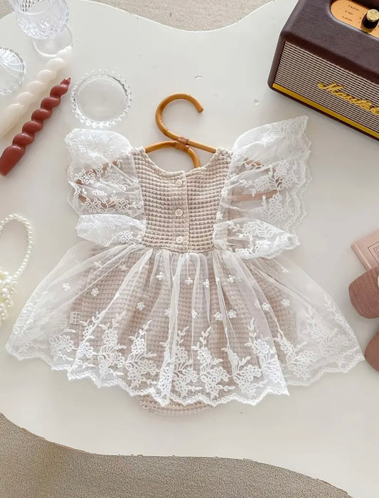 Angel Wings Lace Baby Romper Dress – Size 66 (3-6Months) | Premium Crochet & Tulle
