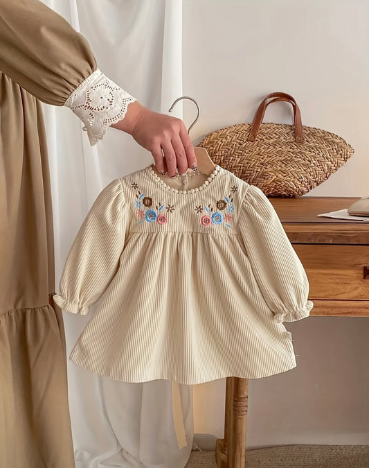 Embroidered Corduroy Toddler Dress – Size 18–24 Months | Vintage Cream