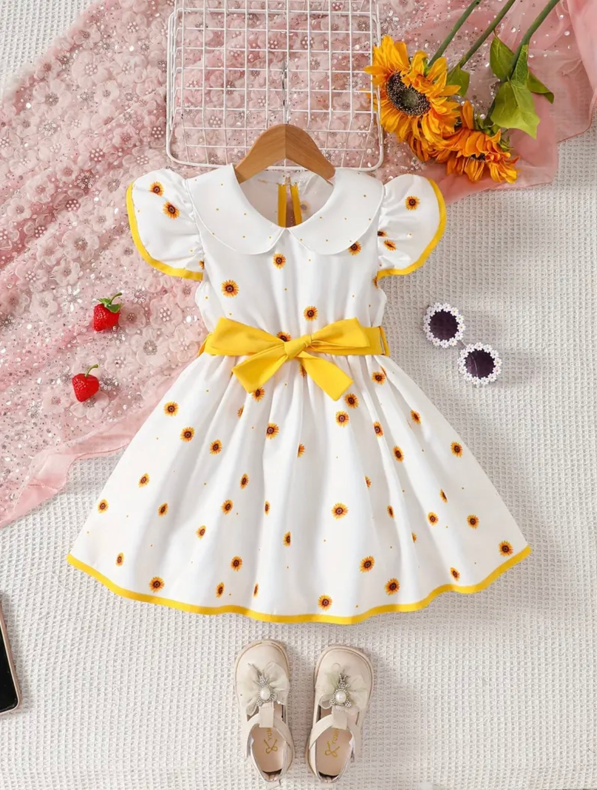 Sunflower Puff Sleeve Dress with Bow – Size 2–3Y