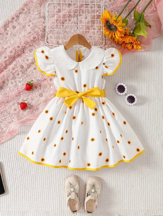 Sunflower Puff Sleeve Dress with Bow – Size 2–3Y