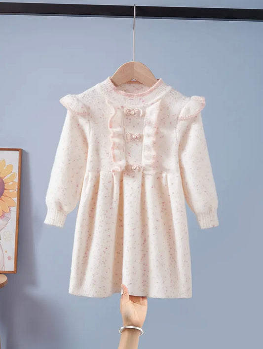Luxury Mink-Like Baby Girl Dress – Ultra Soft Winter Outfit with Ruffles & Pearl Bow Details (1–2Y)