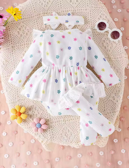 Baby Girl Floral Ruffle Romper Dress Set with Headband & Socks – 0–3M