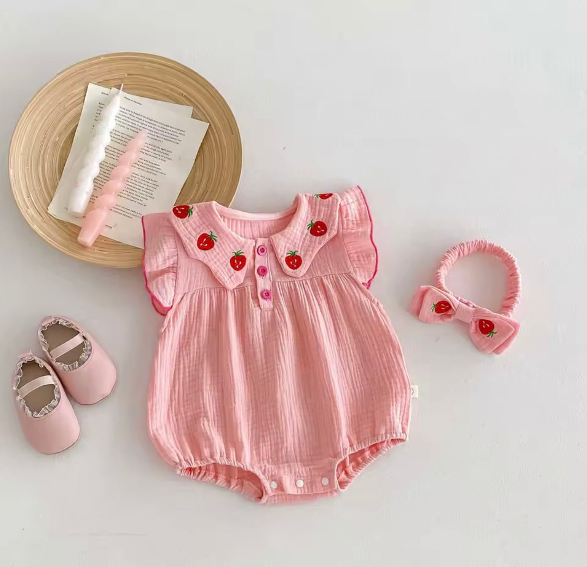 Strawberry Embroidered Muslin Cotton Romper with Headband – Baby Girl 0–3M