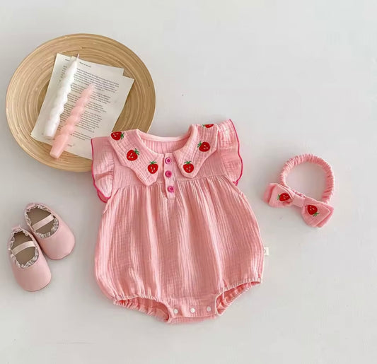 Strawberry Embroidered Muslin Cotton Romper with Headband – Baby Girl 0–3M