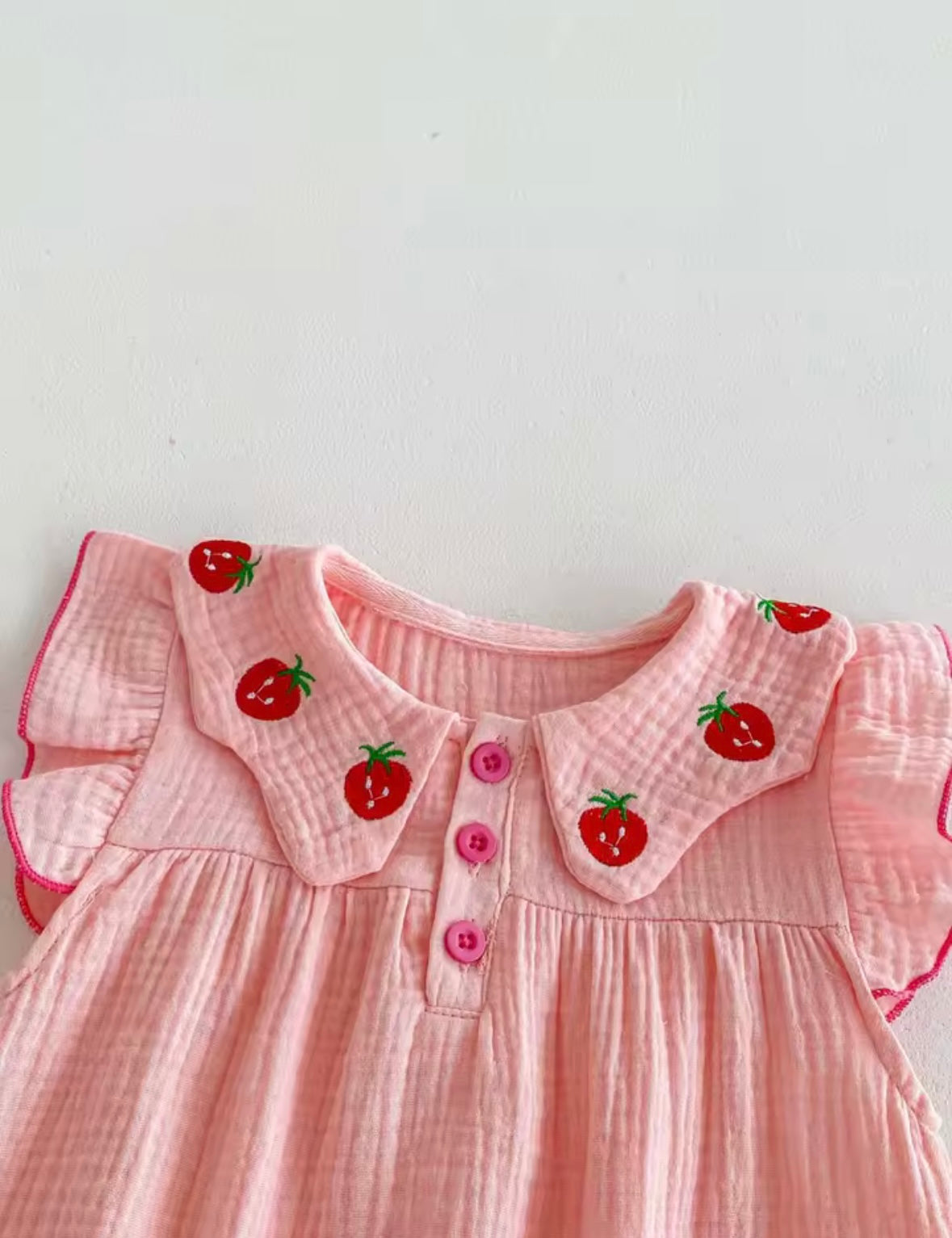 Strawberry Embroidered Muslin Cotton Romper with Headband – Baby Girl 0–3M