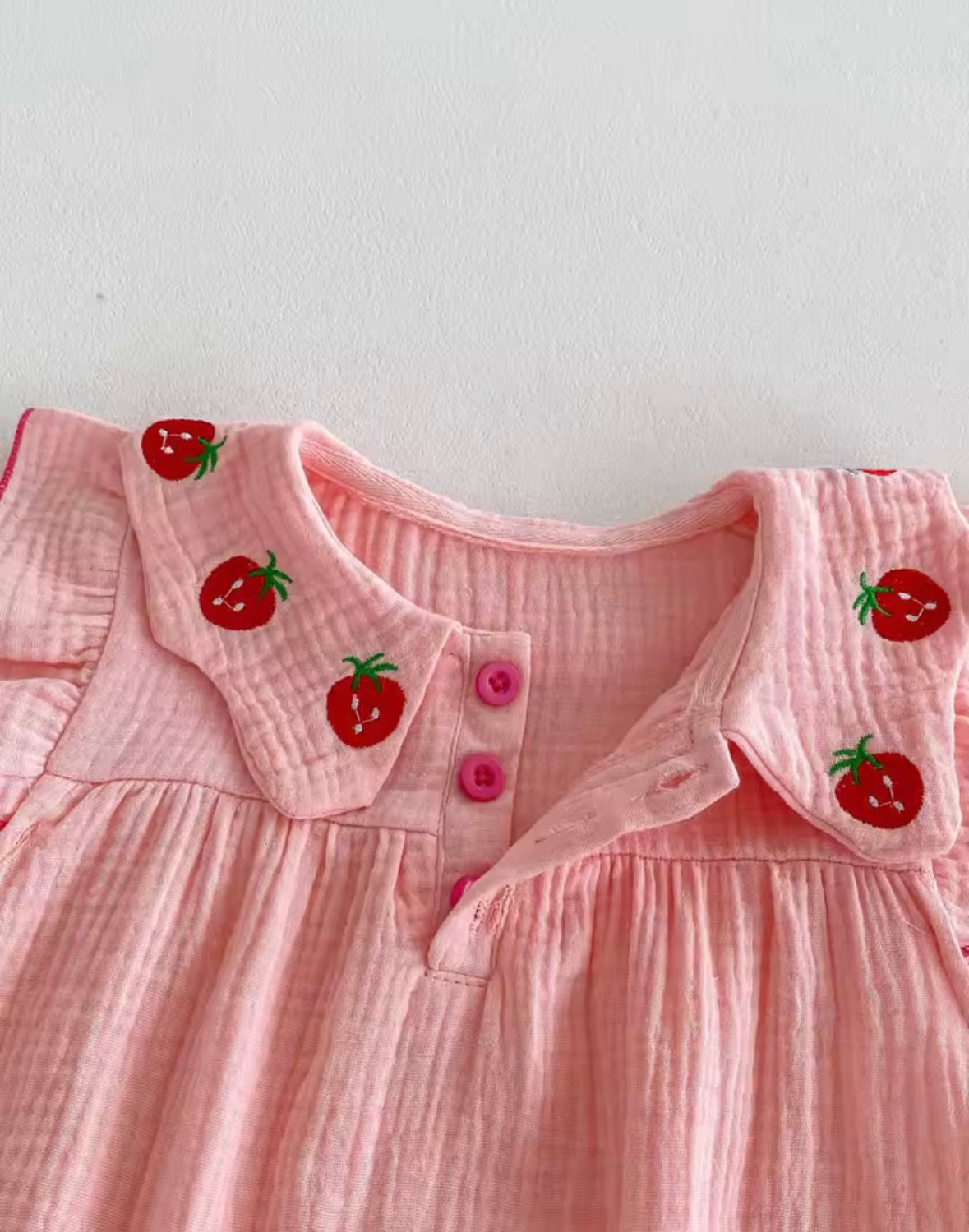 Strawberry Embroidered Muslin Cotton Romper with Headband – Baby Girl 0–3M