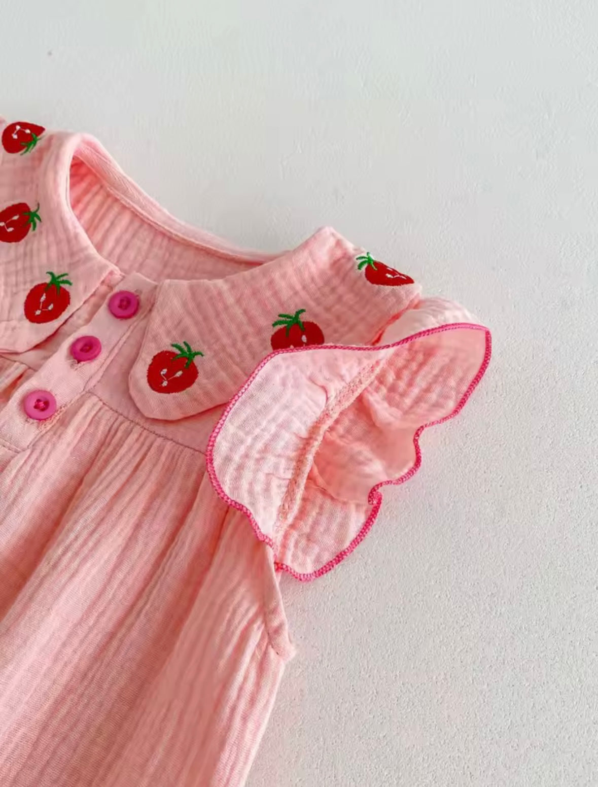 Strawberry Embroidered Muslin Cotton Romper with Headband – Baby Girl 0–3M