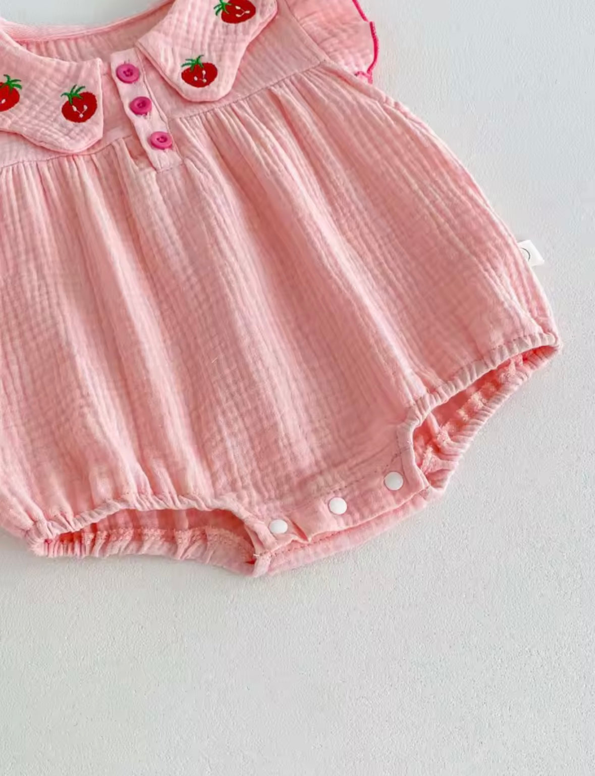 Strawberry Embroidered Muslin Cotton Romper with Headband – Baby Girl 0–3M