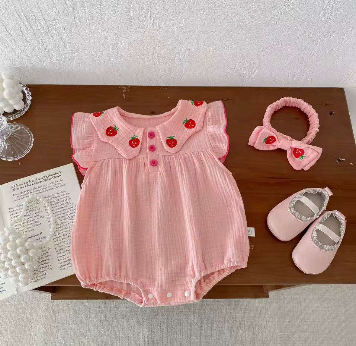 Strawberry Embroidered Muslin Cotton Romper with Headband – Baby Girl 0–3M