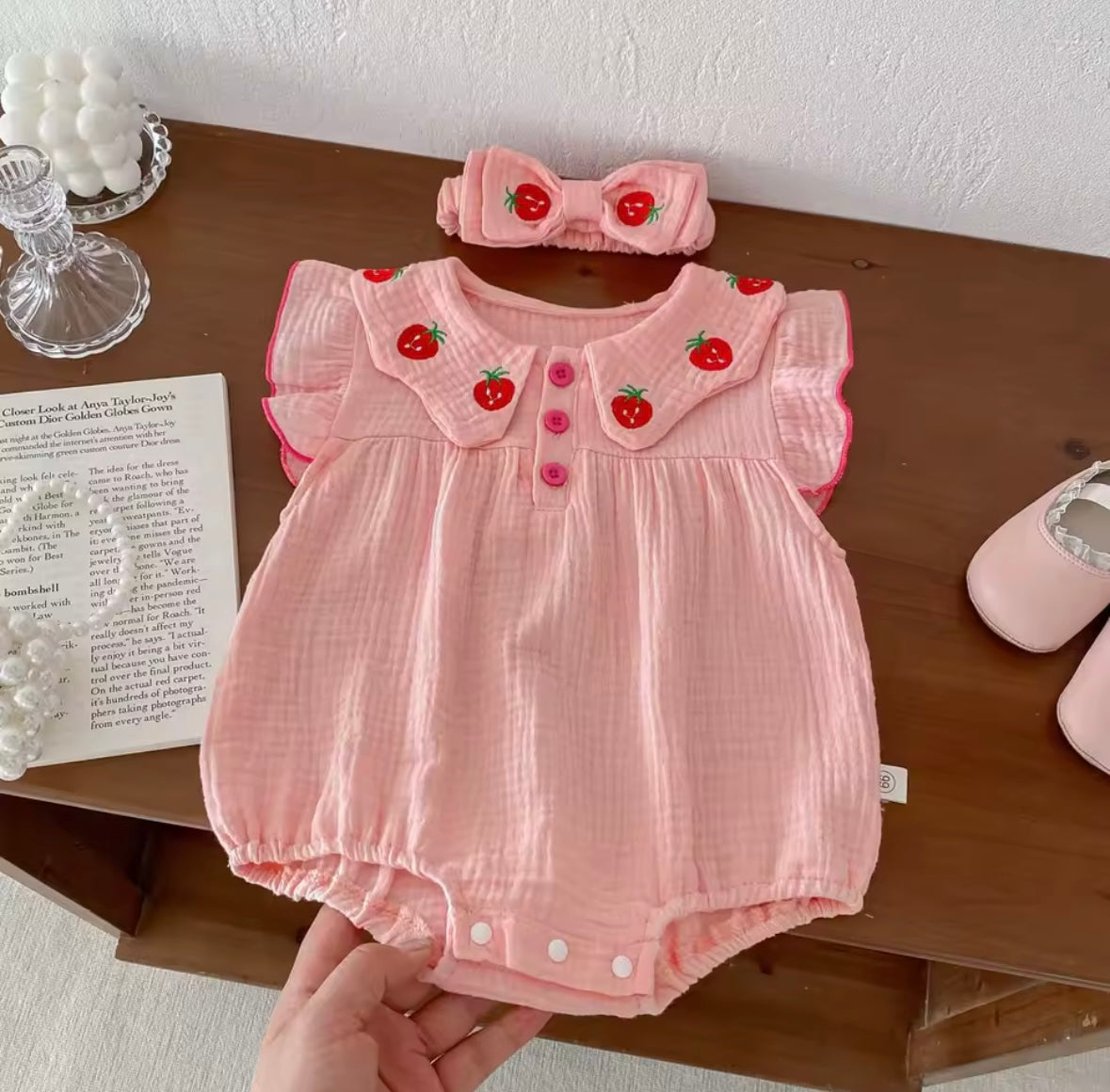Strawberry Embroidered Muslin Cotton Romper with Headband – Baby Girl 0–3M