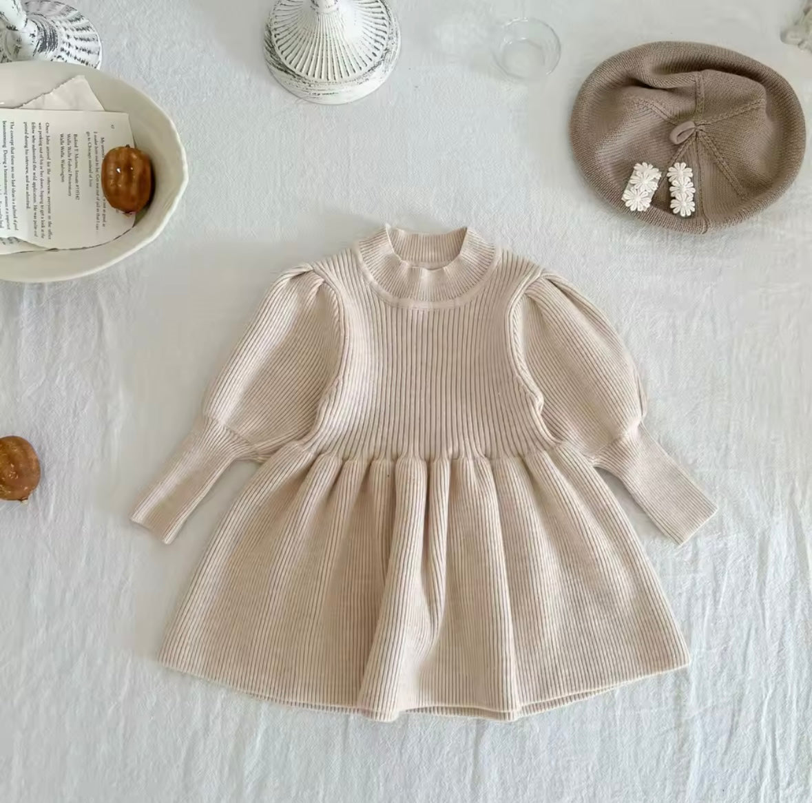 Premium Ribbed Knit Long Sleeve Dress – Beige (Size 3T)