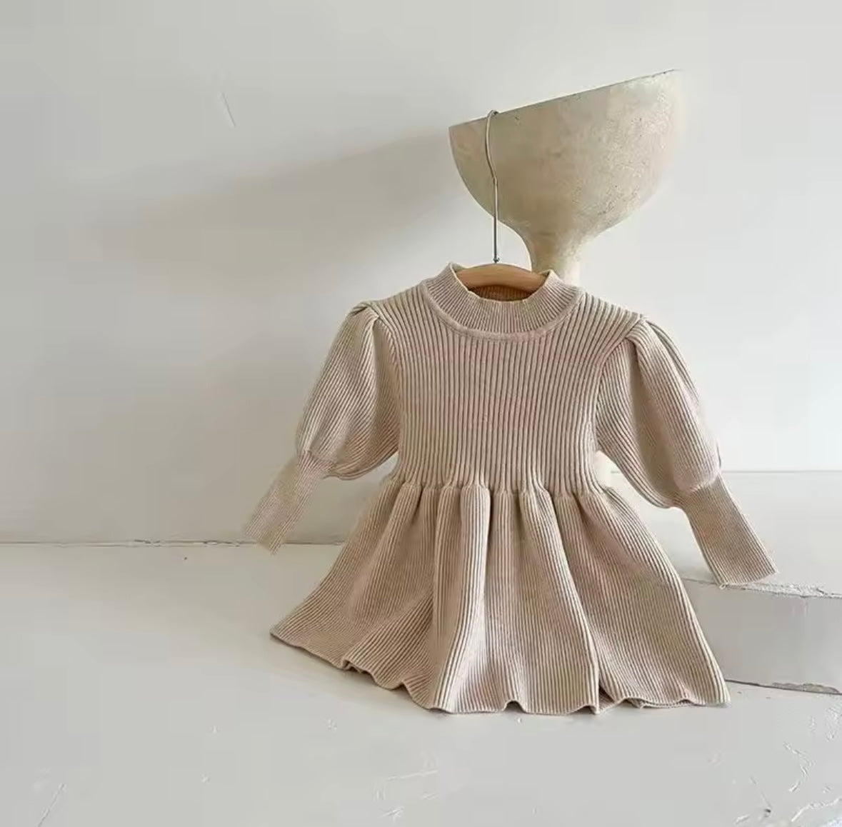 Premium Ribbed Knit Long Sleeve Dress – Beige (Size 3T)