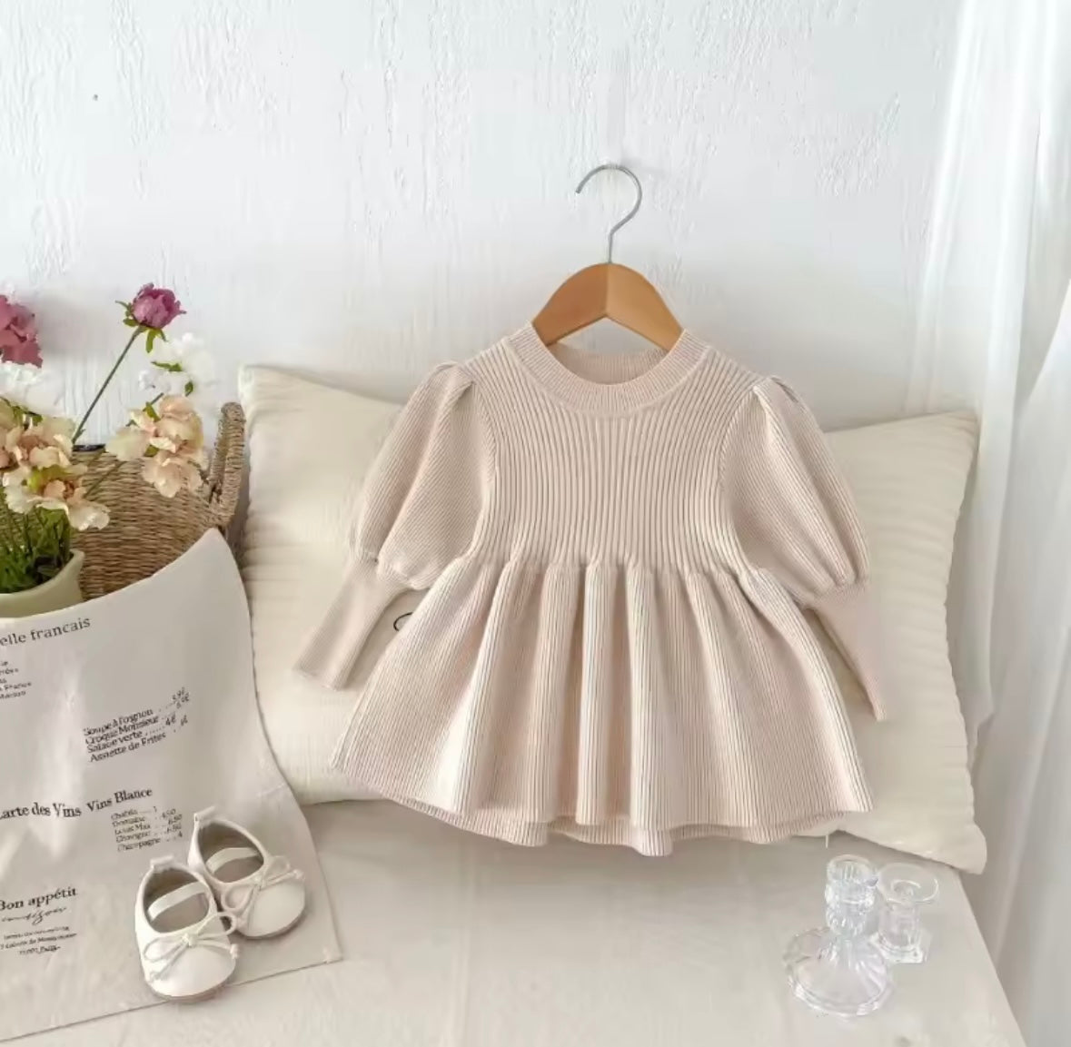 Premium Ribbed Knit Long Sleeve Dress – Beige (Size 3T)