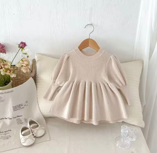 Premium Ribbed Knit Long Sleeve Dress – Beige (Size 3T)