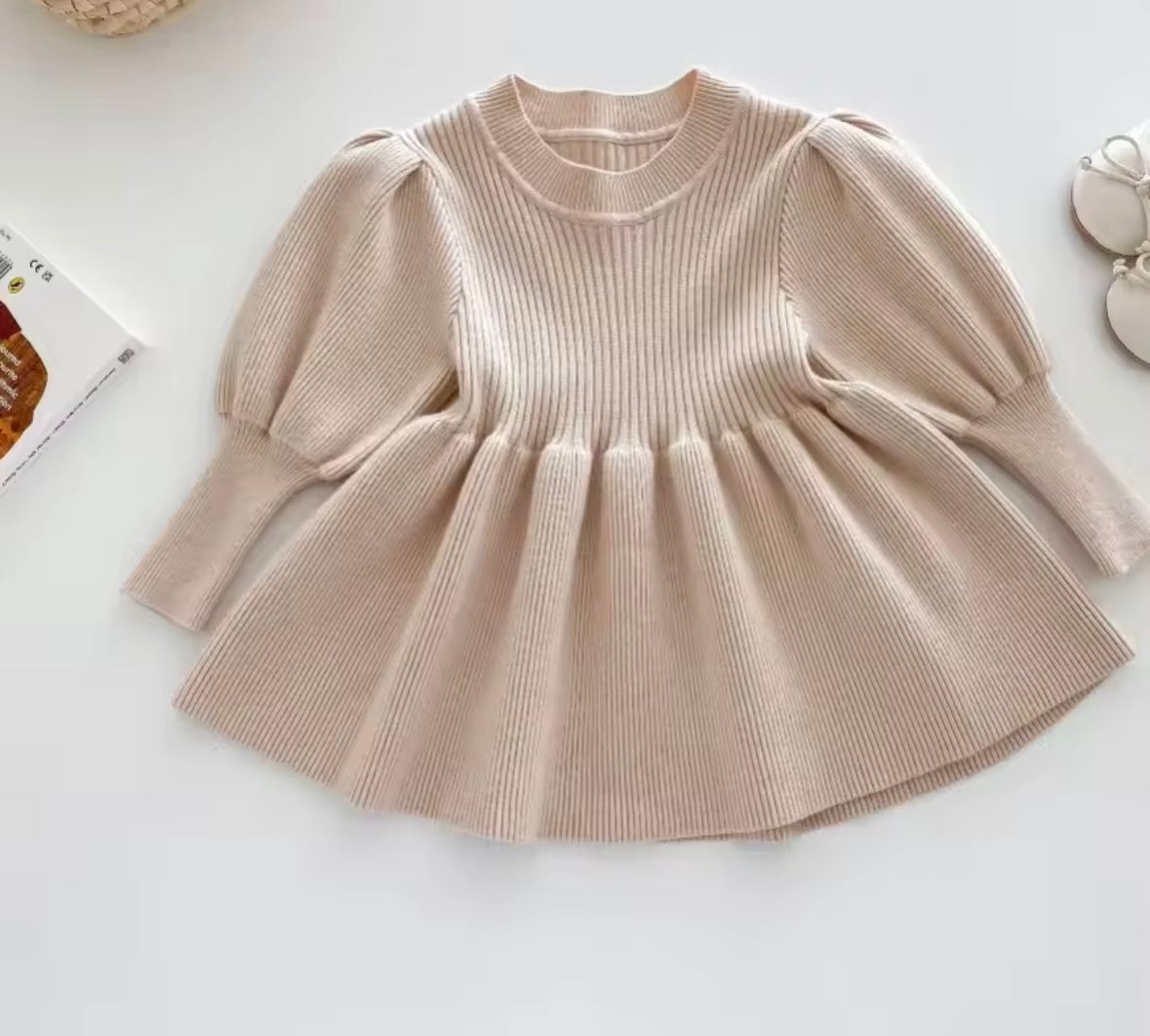 Premium Ribbed Knit Long Sleeve Dress – Beige (Size 3T)