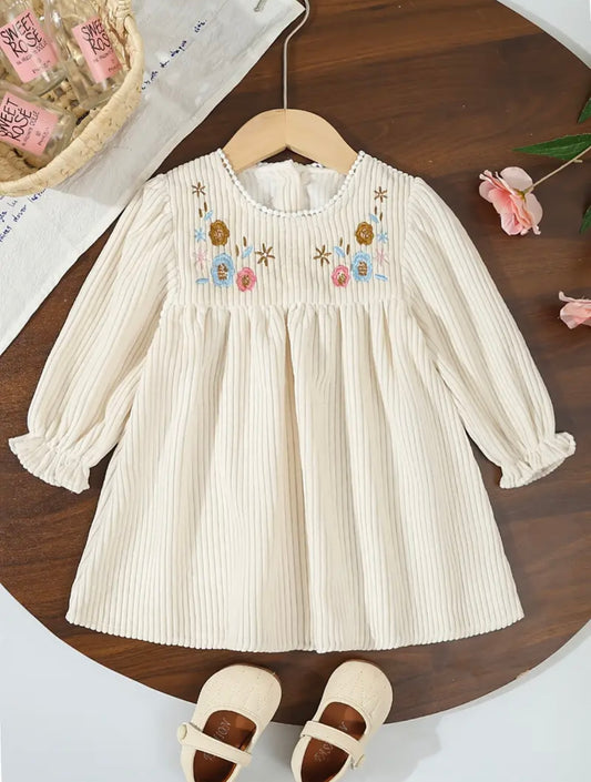 Embroidered Corduroy-Style Long Sleeve Dress – Cream, sizes available 18-24m, and size 2T.