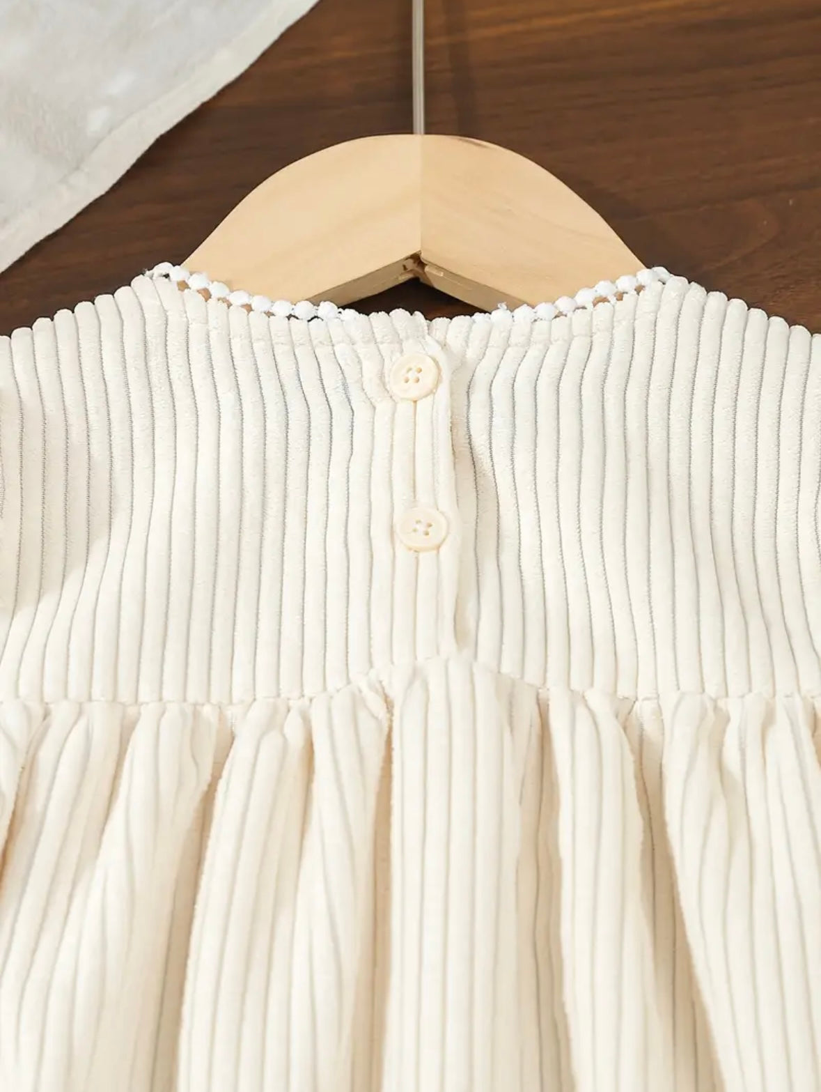 Embroidered Corduroy-Style Long Sleeve Dress – Cream, sizes available 18-24m, and size 2T.