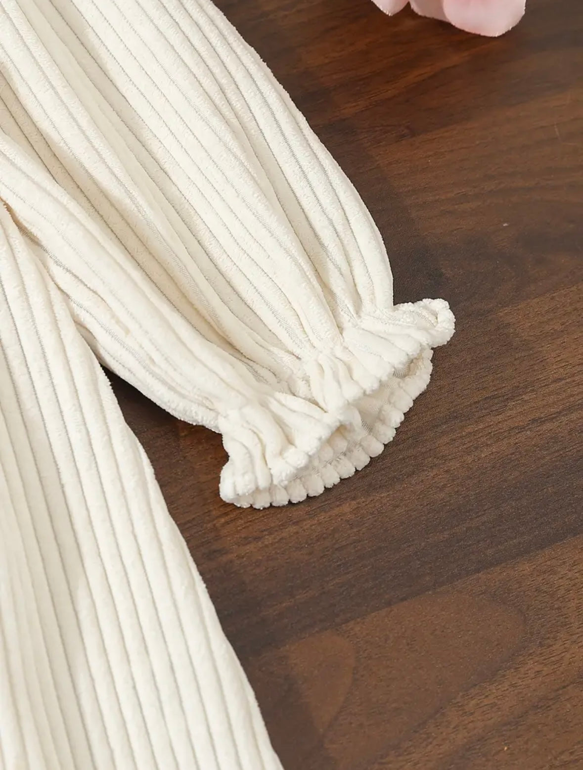 Embroidered Corduroy-Style Long Sleeve Dress – Cream, sizes available 18-24m, and size 2T.