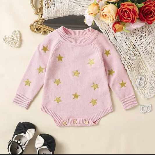 ✨ Pink Knit Baby Romper with Gold Stars – Size 3–6M ✨