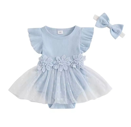 🌸 Baby Blue Floral Tutu Romper with Headband – Size 3–6M 🌸