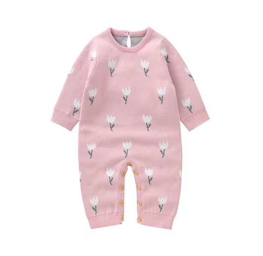 🌸 Pink Knit Baby Romper with White Flowers – Size 0–3M 🌸